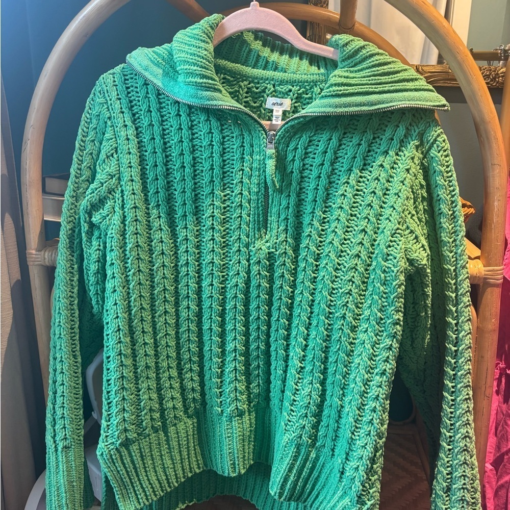 Aerie Cable Car Quarter Zip Sweater in Green - Picture 3 of 6